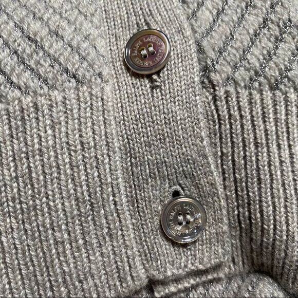 Ralph Lauren Gray Cashmere V-Neck Metallic Herringbone Knit Cardigan Sweater - Picture 6 of 16